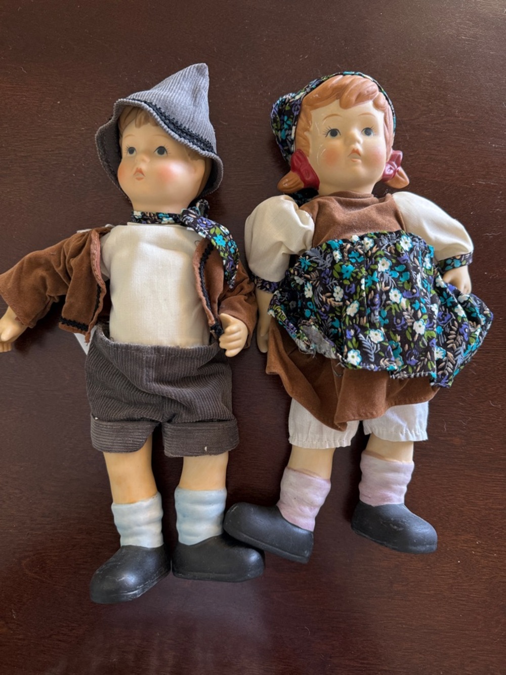 Hummel Boy and Girl Porcelain Doll Pair in Brown, Blue, Black & White